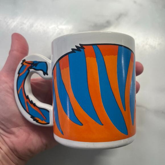 The Love Mug JC 4 Orange Blue Striped Wild Cat Coffee Mug Tail on Handle Vintage - Picture 2 of 4
